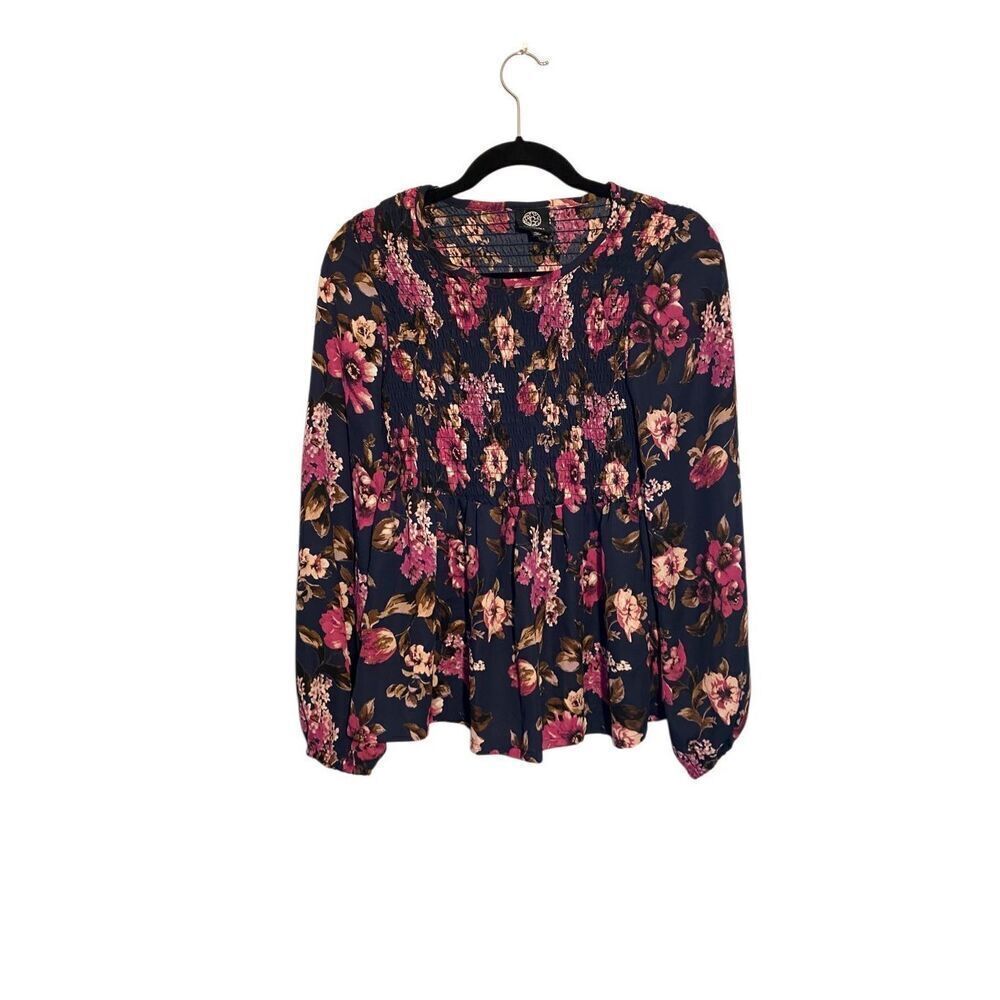 Boboau women’s navy blue floral ruched top, long sleeve blouse, size small